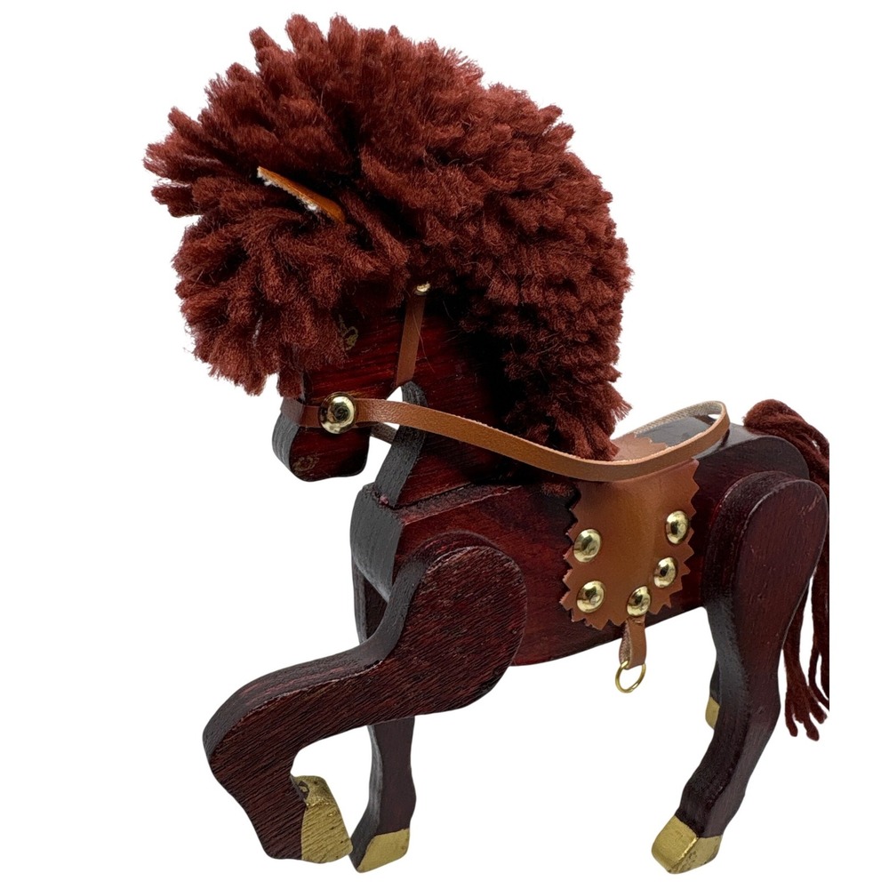 Wooden Horse Figurine Prancing‎ Pony Yarn Mane Tail Studded Saddle 6.5in